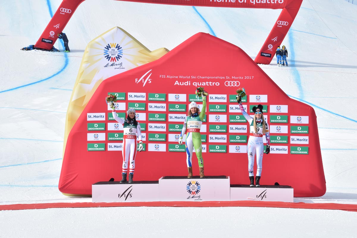 Podio de los Campeonatos del Mundo de Esquí 2017 en la modalidad de descenso femenino