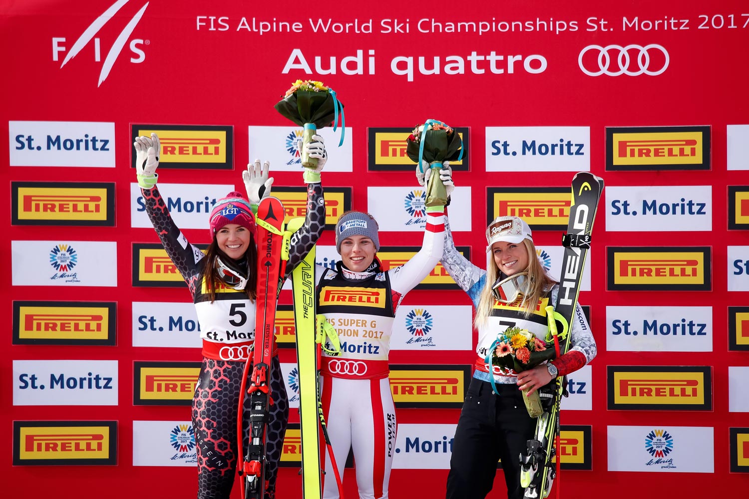 Alpine Ski WM 2017 St. Moritz, Super G Frauen, Podest Alpine Ski WM 2017 St. Moritz, Super G Frauen, Podest